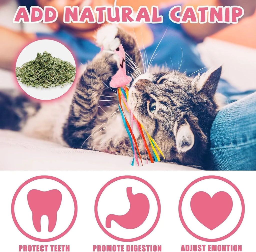 Cat wand toy with wooden handle, colourful ribbons, catnip fish and bell for interactive play