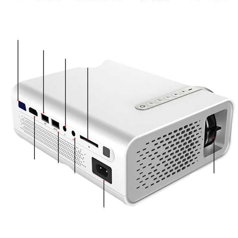 YG530 black and white mini portable LED projector with wireless mobile phone connectivity on a table.