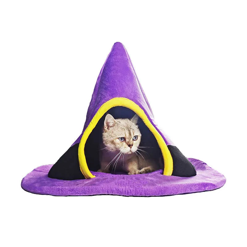 Purple Halloween witch hat shaped cat bed with enclosed cave design