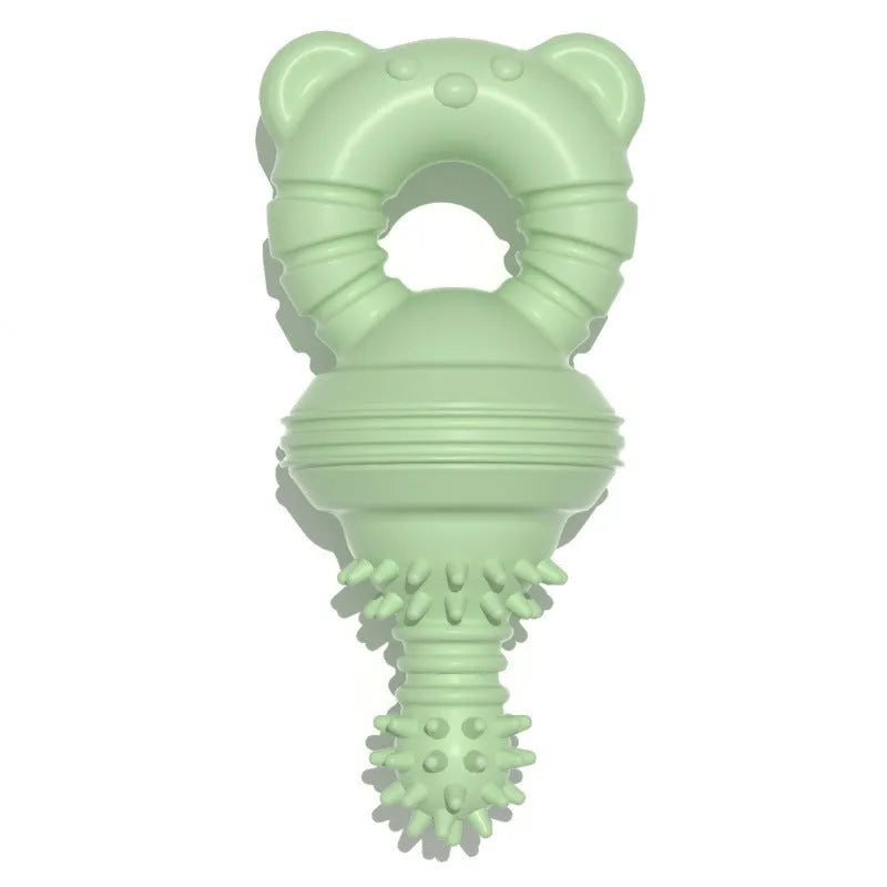 Blue molar-shaped rubber dog chew toy with textured surface for teeth cleaning.