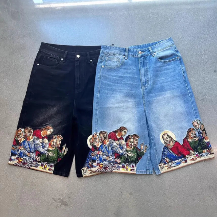 Men's blue cotton tapered shorts with Jesus print on back pocket