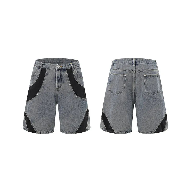 Retro washed denim short-sleeved jacket and trousers suit set in black colour