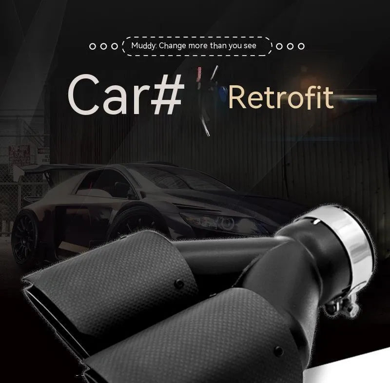 Black carbon fibre car exhaust pipe silencer with twin outlets, length 250mm.