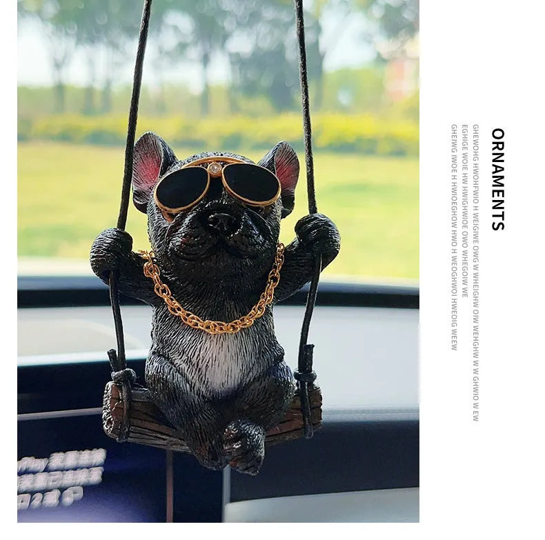 Cartoon-style resin bulldog hanging ornament for car rearview mirror in black colour