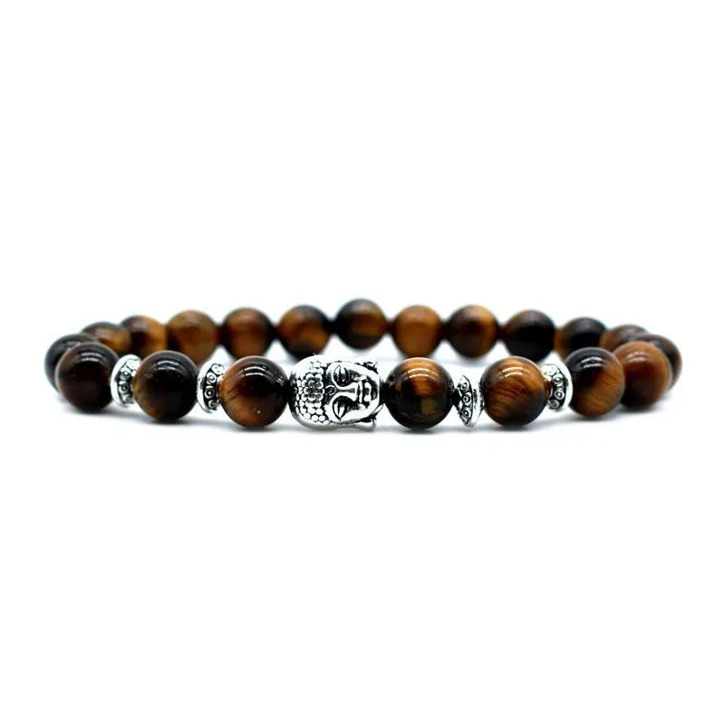 Handmade unisex bracelet with large 19mm tiger eye Buddha head bead on wrist