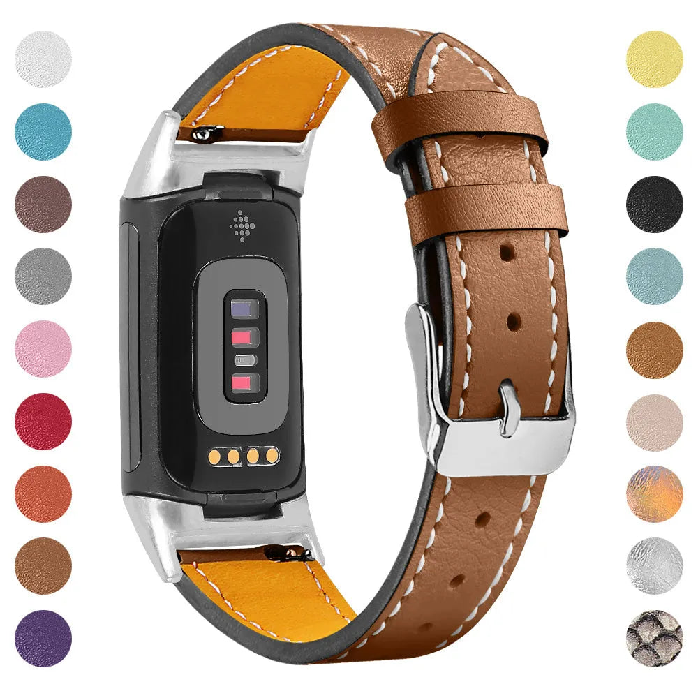 Genuine leather strap for Fitbit Charge 5 and Charge 6 smartwatch in apricot colour.