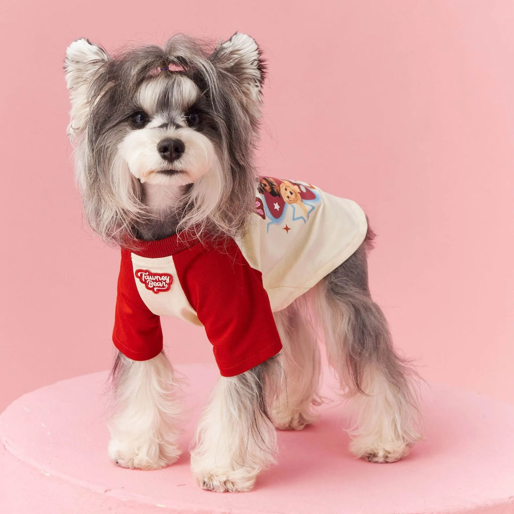 Red embroidered cotton dog summer clothing shown in size L