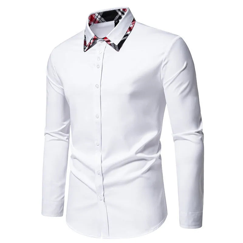 Men's plaid long sleeve shirt with contrast colour triangle collar in polyester blend fabric