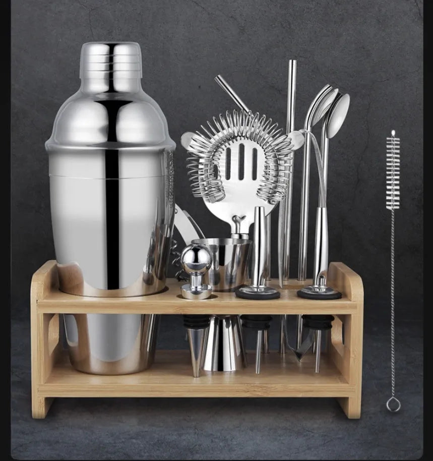 23-piece stainless steel cocktail set with European style finish including shaker, strainer, jigger, spoon and ice tongs