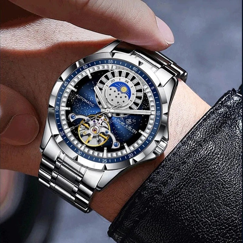 Silver automatic mechanical watch with blue dial on stainless steel bracelet