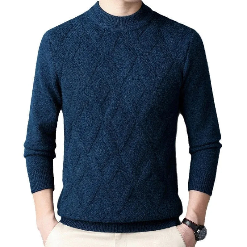 Men's diamond jacquard winter sweater in a wool blend, shown in light camel colour.