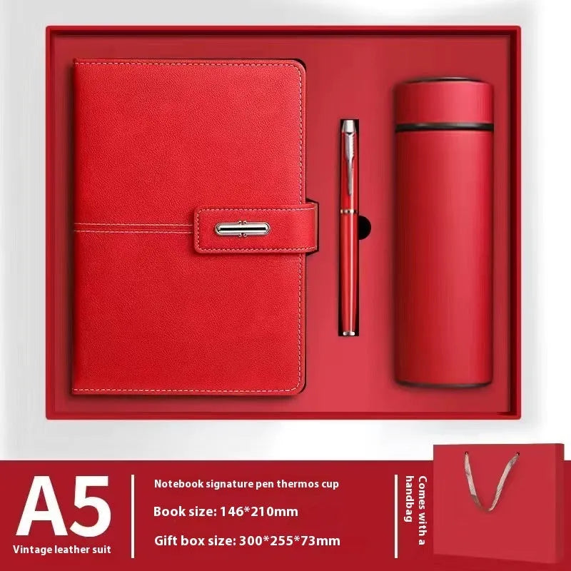 A5 notebook with PU leather cover shown in multiple colour options including black, red, green, blue, and orange.