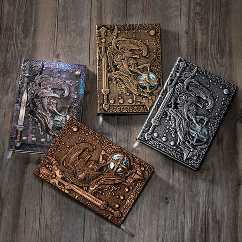 A5 leather notebook with an embossed 3D warriors design on the cover, shown in bronze colour.