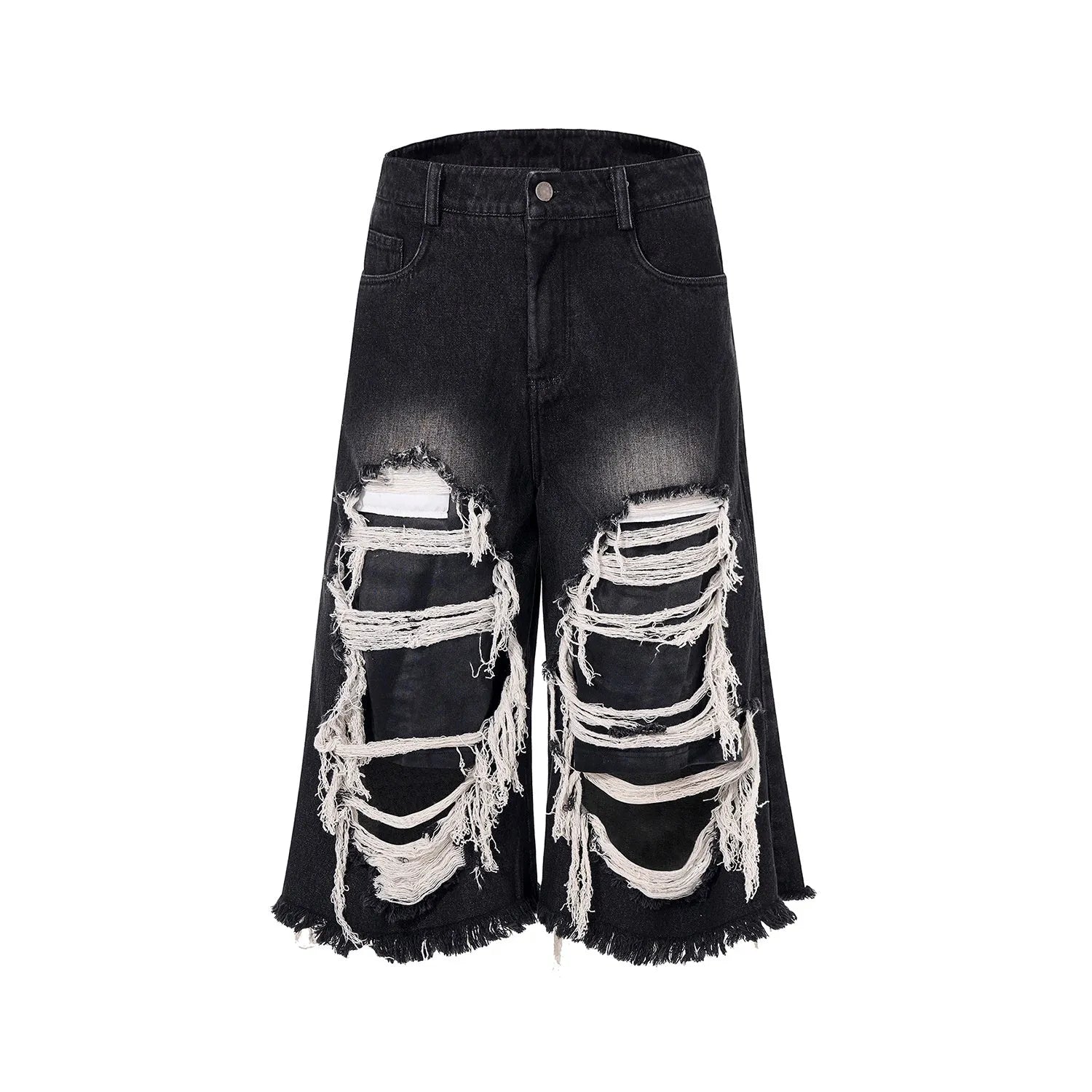Black women's cropped wide-leg jeans with ripped patch details on a mid-high waist.