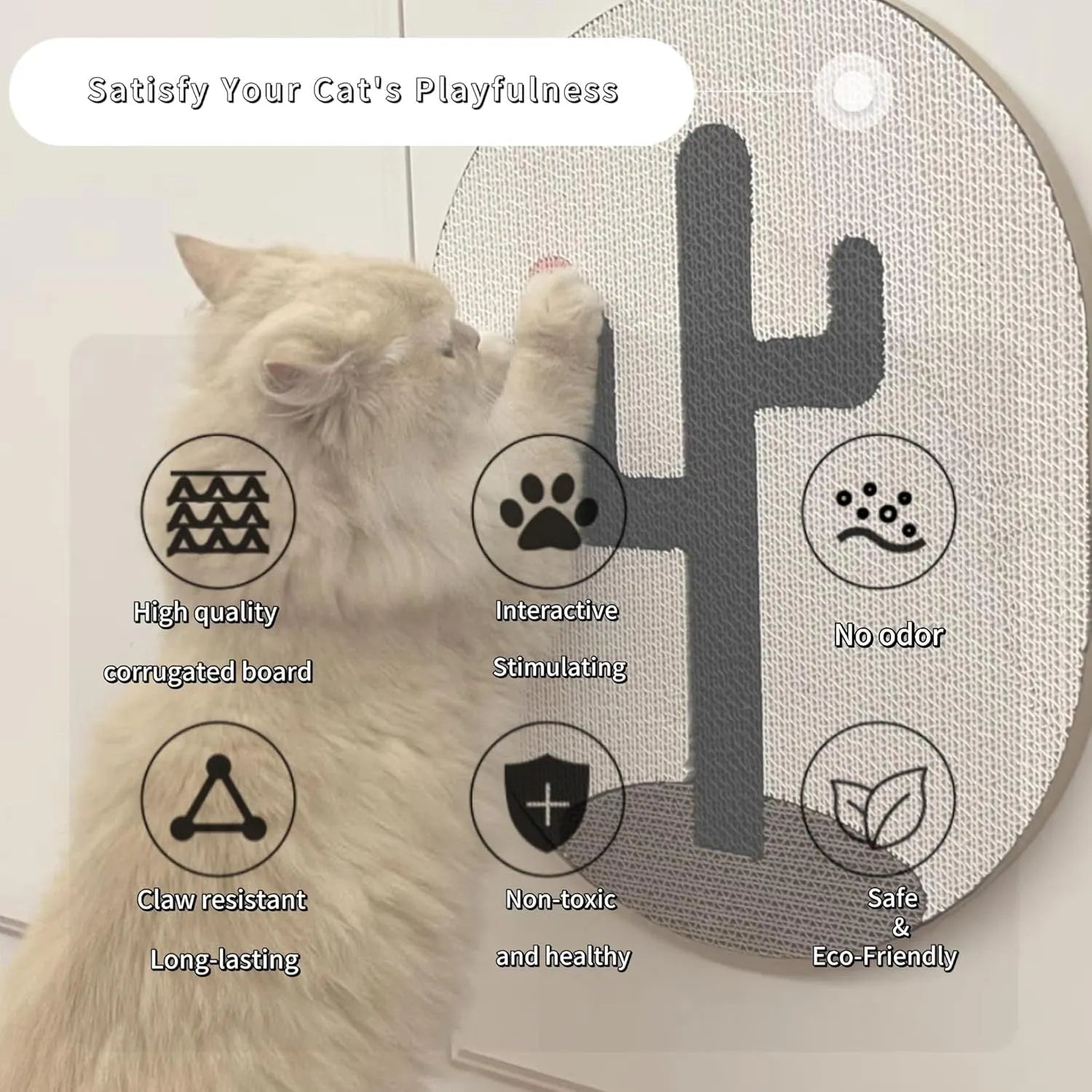 Wall-mounted corrugated cardboard cat scratcher pad on a wall, showing one of four design options.