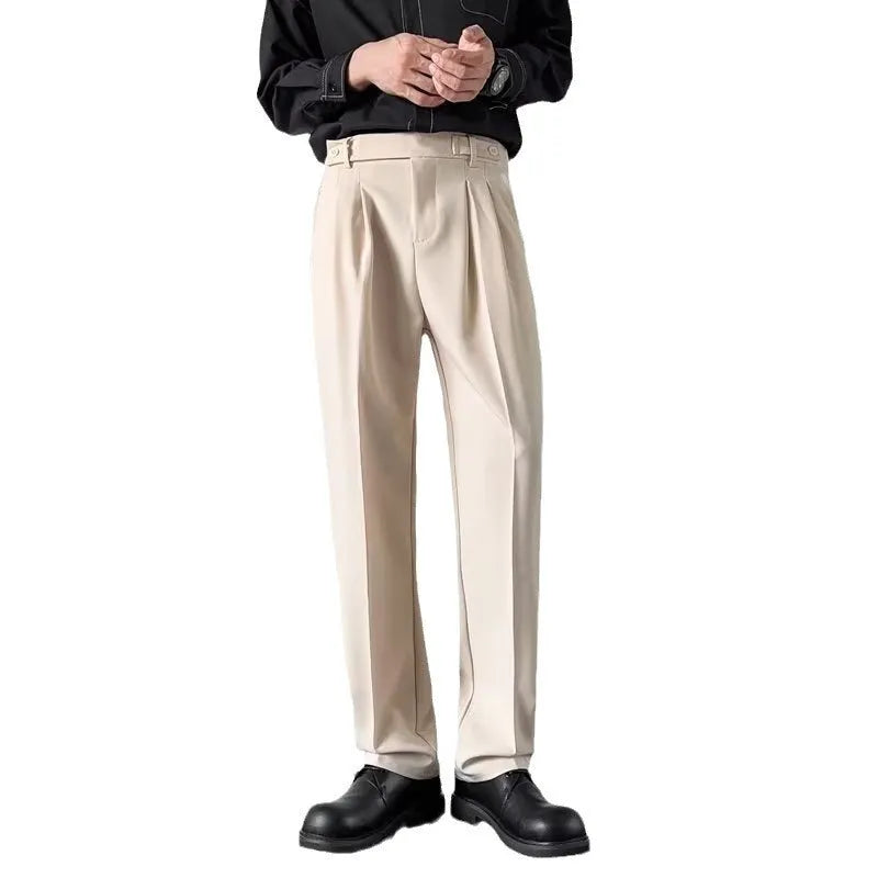 Men's straight loose fit suit trousers in polyester fabric showing apricot and black colour options