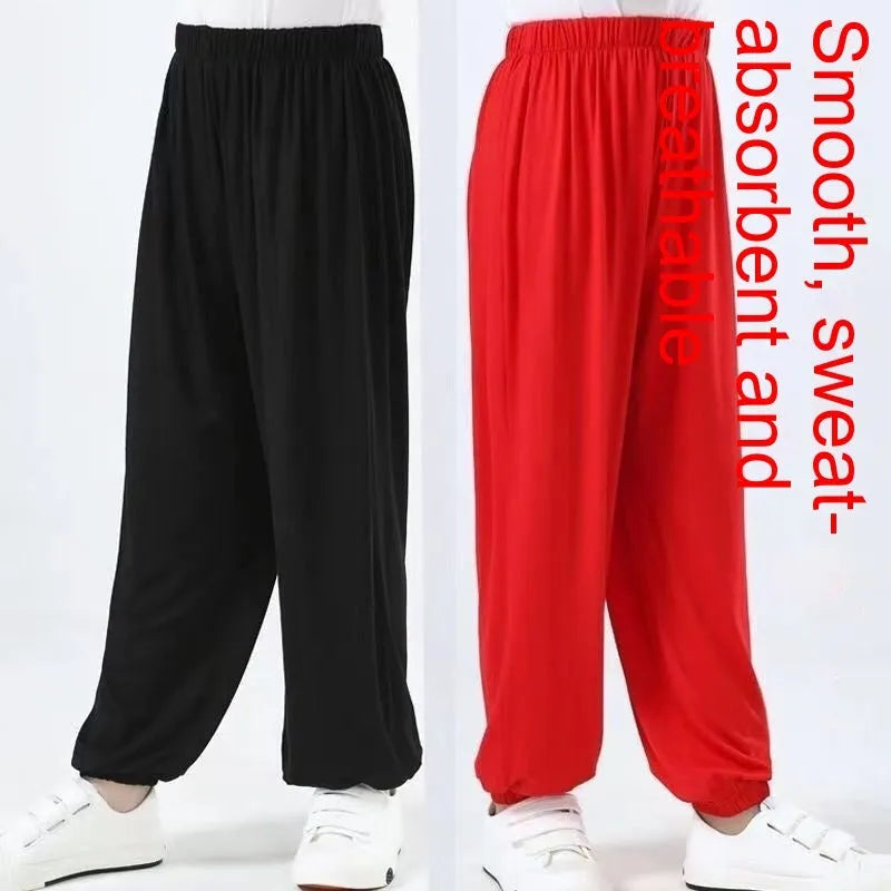 Children's black high elasticity Sanda practice pants with loose fit for martial arts training