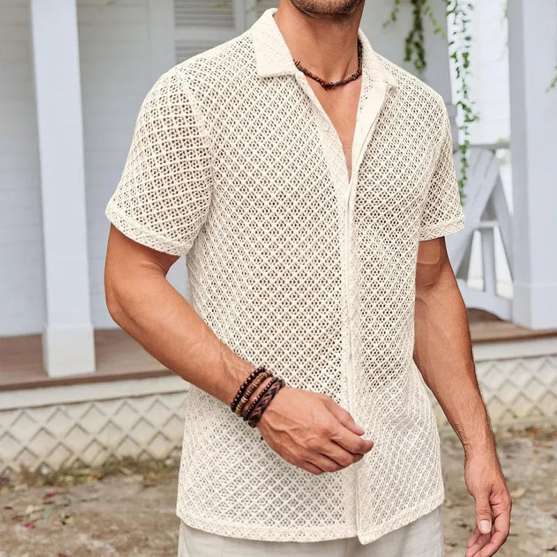 Men's solid colour mesh short sleeve shirt with lapel and cardigan style
