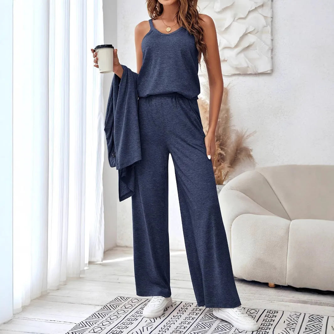 Women's blue three-piece casual suit with long cardigan, sling top, and trousers in Japanese-Korean style
