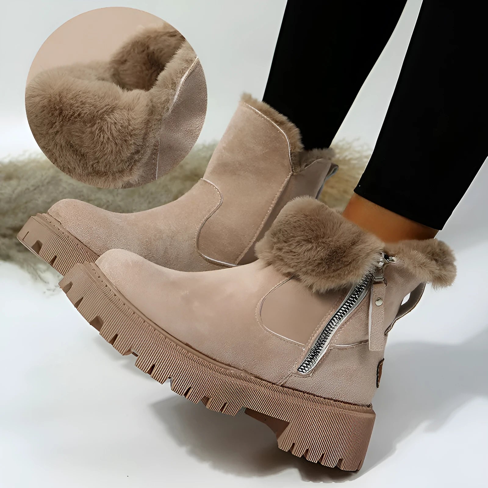Women's black high-top plush snow boots with a side zipper and thick rubber sole