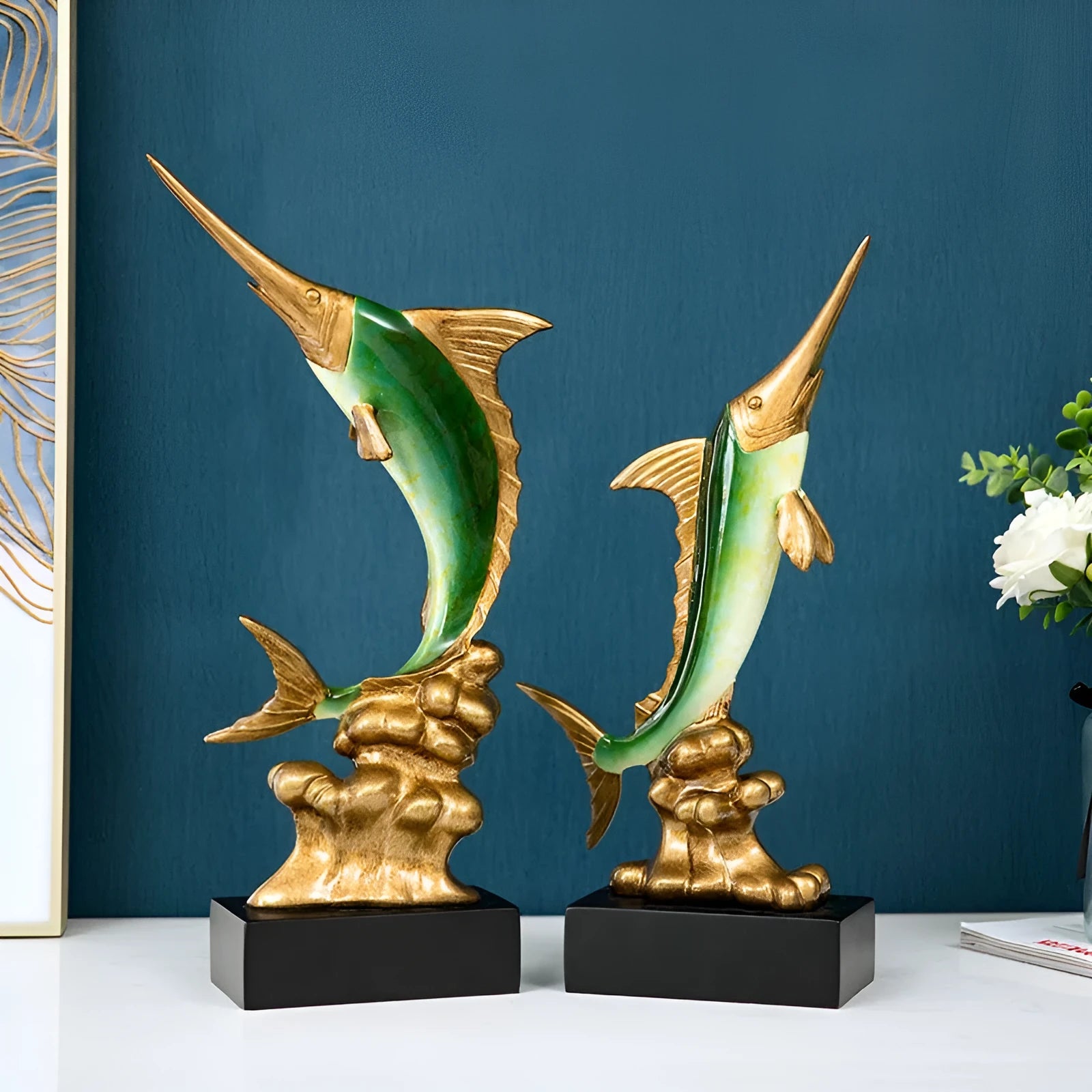Detailed resin European swordfish decoration in a choice of four colours on a shelf.