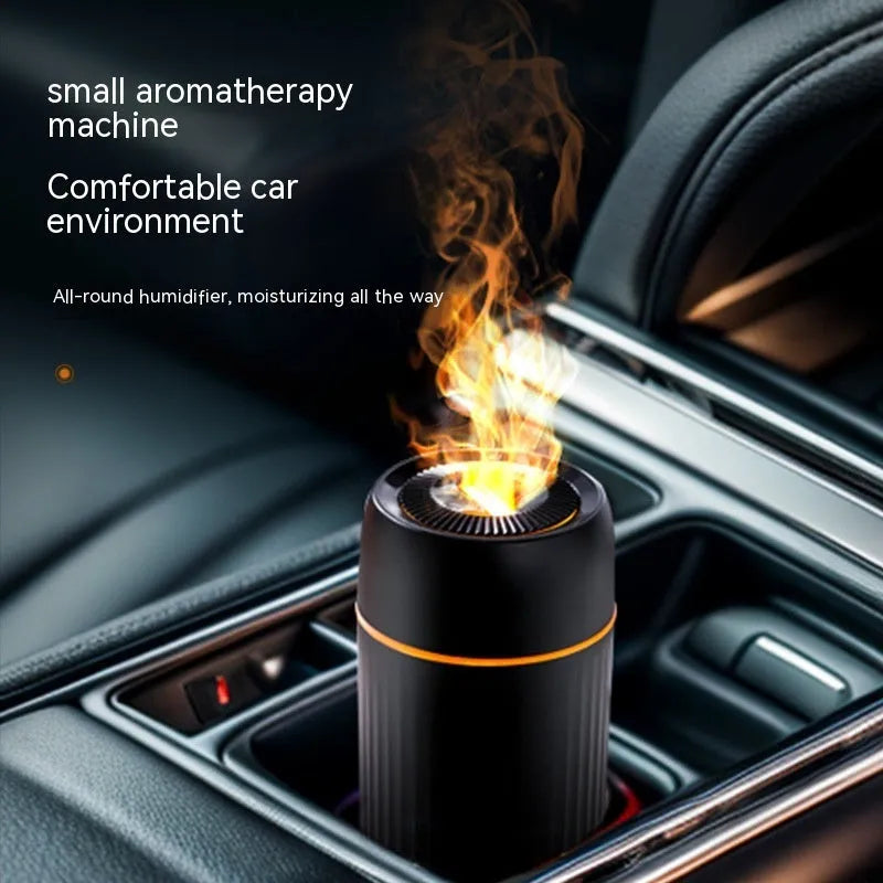 Black car aroma diffuser with LED flame simulation effect on car dashboard