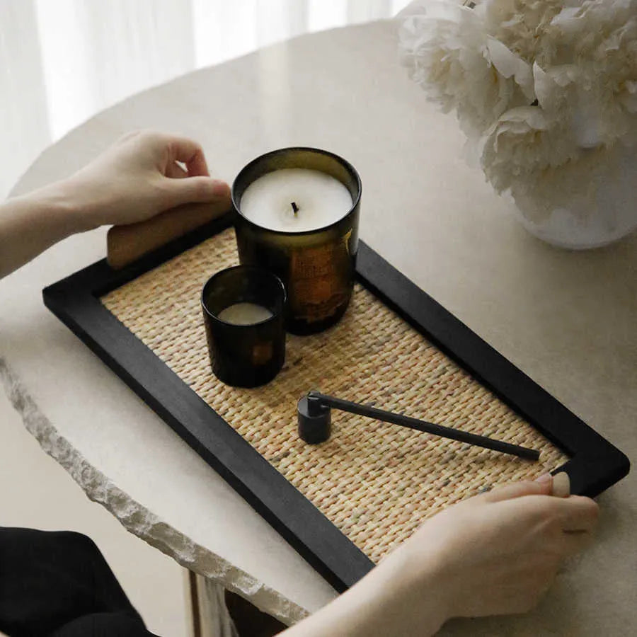 Pine wood serving tray with compartments shown in small and large size options.