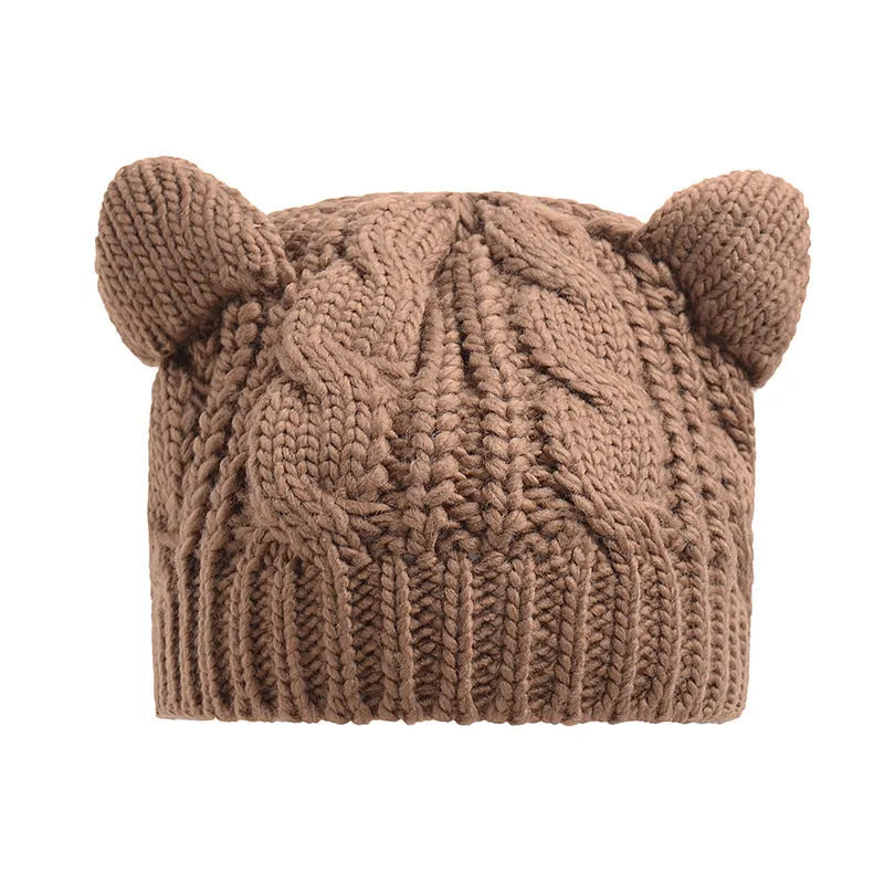 Hand made 3D cat ear knitted wool beanie in winter colours