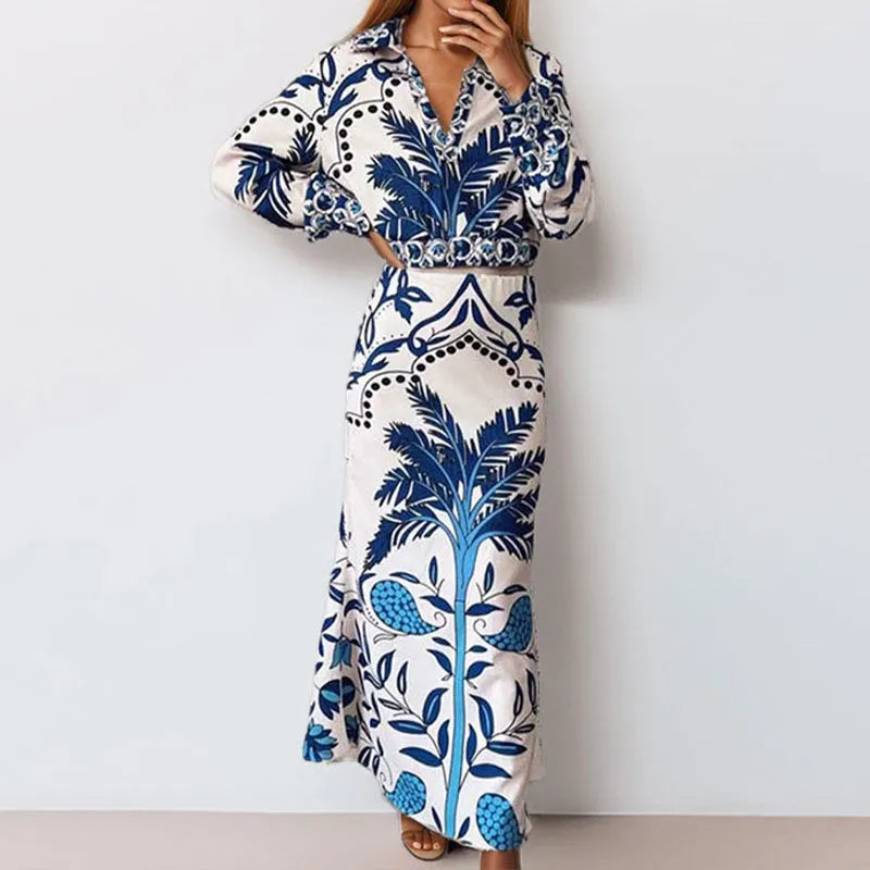 Floral early spring casual fashion set with long sleeve top and long skirt in picture color