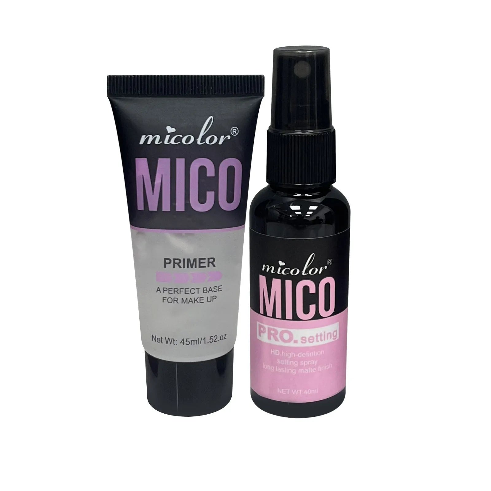 Makeup primer and finishing spray two-in-one product with 45ml and 40ml bottles