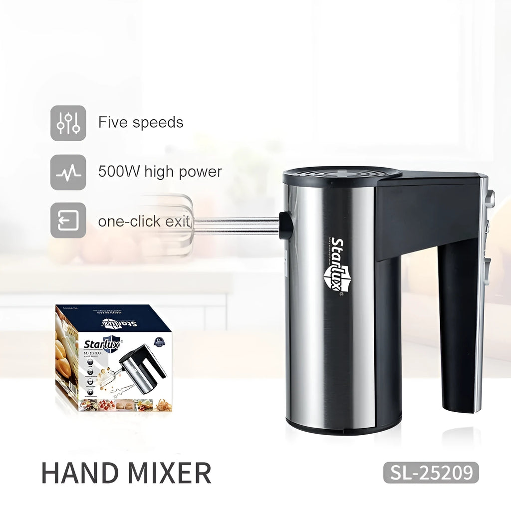 Handheld electric whisk mixer with speed control buttons and dual voltage compatibility