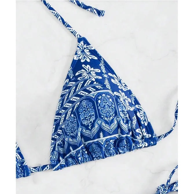 Split bikini bandage swimsuit with printing and stitching detail in polyester fabric