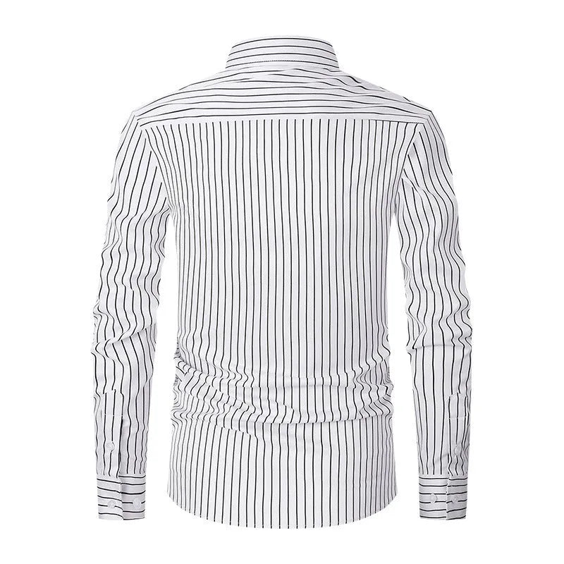 Men's slim fit striped long sleeve business shirt in a polyester blend fabric on a hanger.