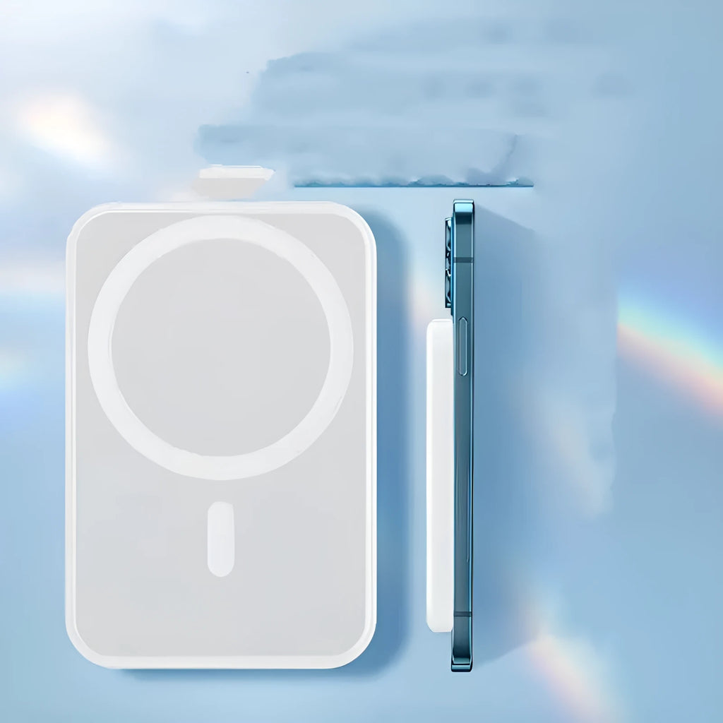 White magnetic wireless charger power bank with 5000mAh capacity showing dimensions