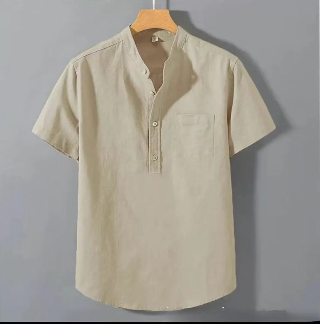 Men's casual linen shirt with stand collar and short sleeves in slub cotton fabric