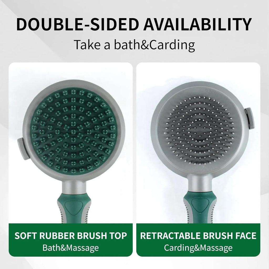 Green and pink two-sided silicone pet brush with slicker bristles and massage teeth on a white background