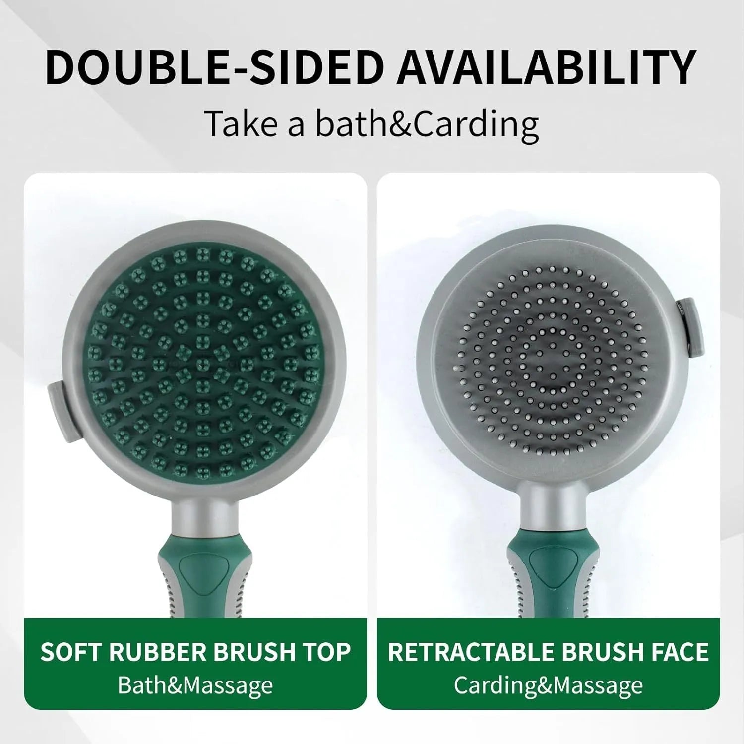 Green and pink two-sided silicone pet brush with slicker bristles and massage teeth on a white background