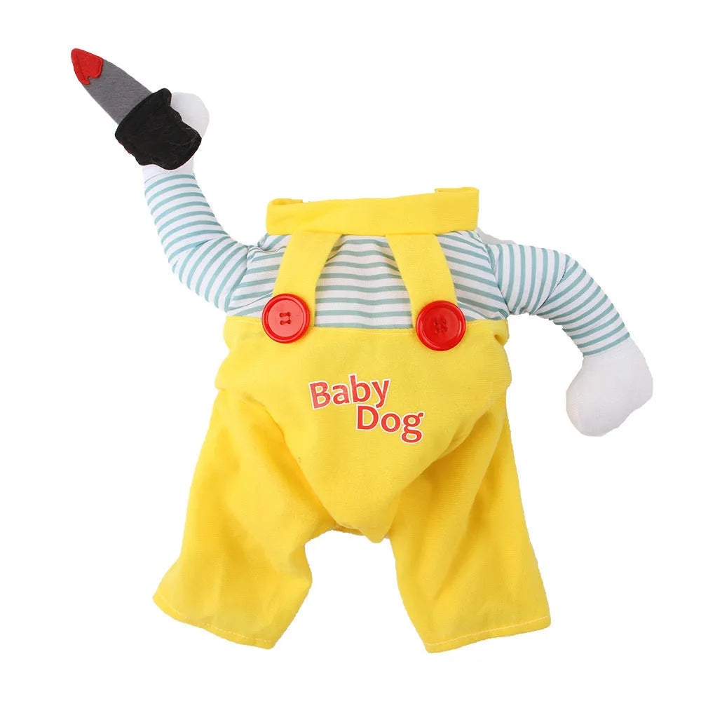 Yellow knife assassin cat costume clothing on feline model showing polyester construction