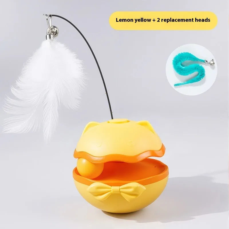 Electric tumbler-style cat teaser stick in lemon yellow, rolling on a floor.
