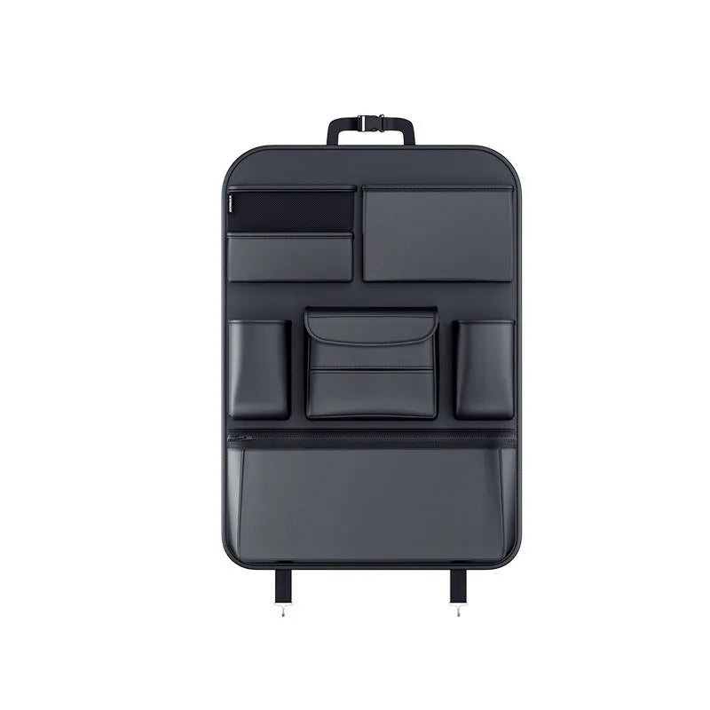 Black leather hanging storage bag for the back of a car seat