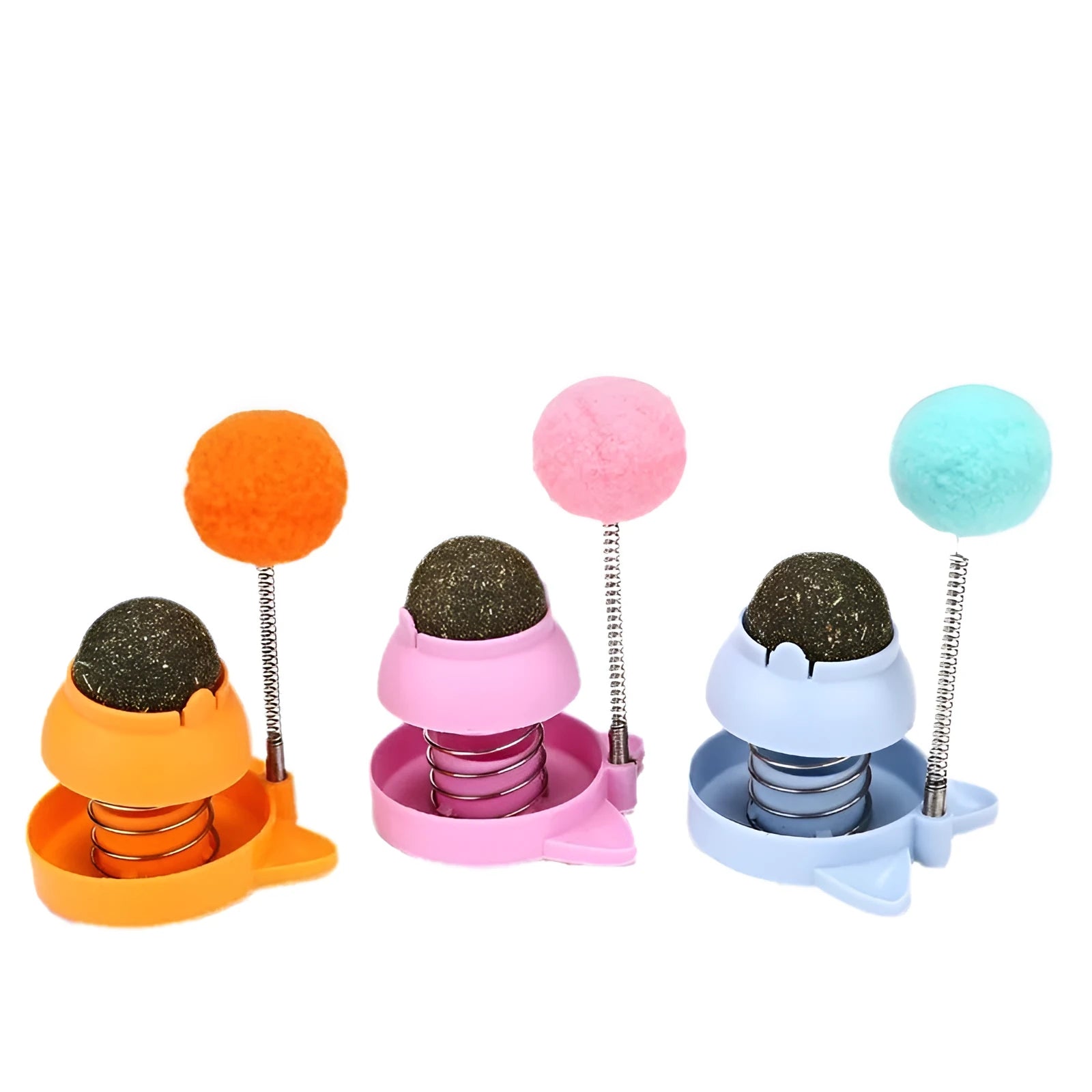 Blue, orange, and pink Lucky Cat Mint Ball toys measuring 55mm with textured surfaces for feline enrichment