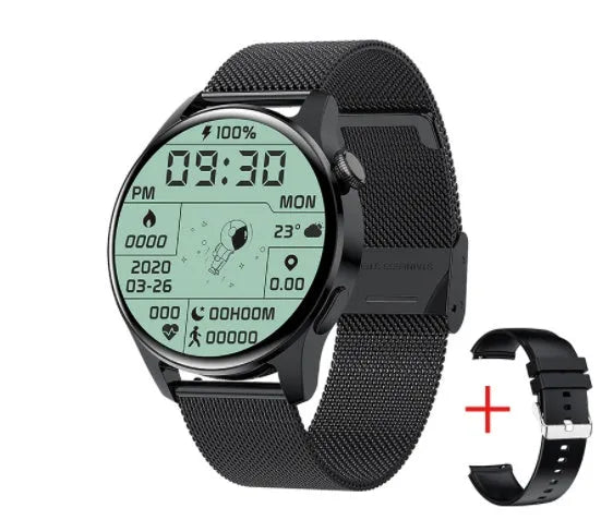 Smart watch with round colour display on a black silicone strap, showing heart rate and call icons.