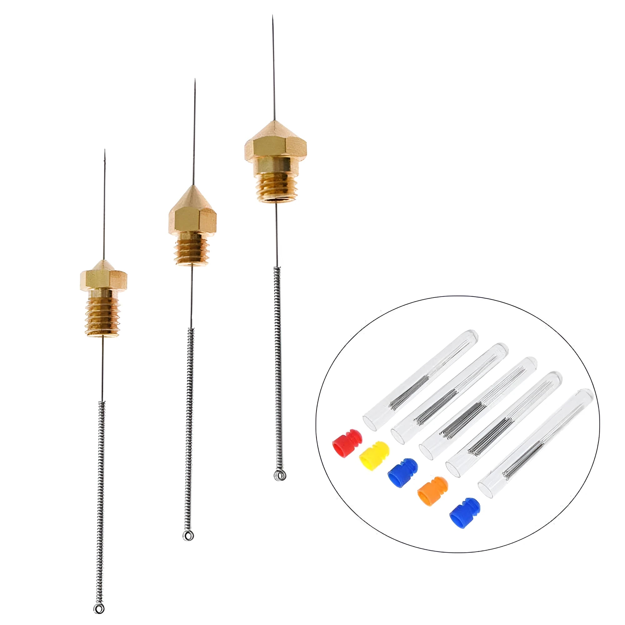 Pack of ten 3D printer nozzle cleaning needles for Mk8 and E3D hotends in various diameters.