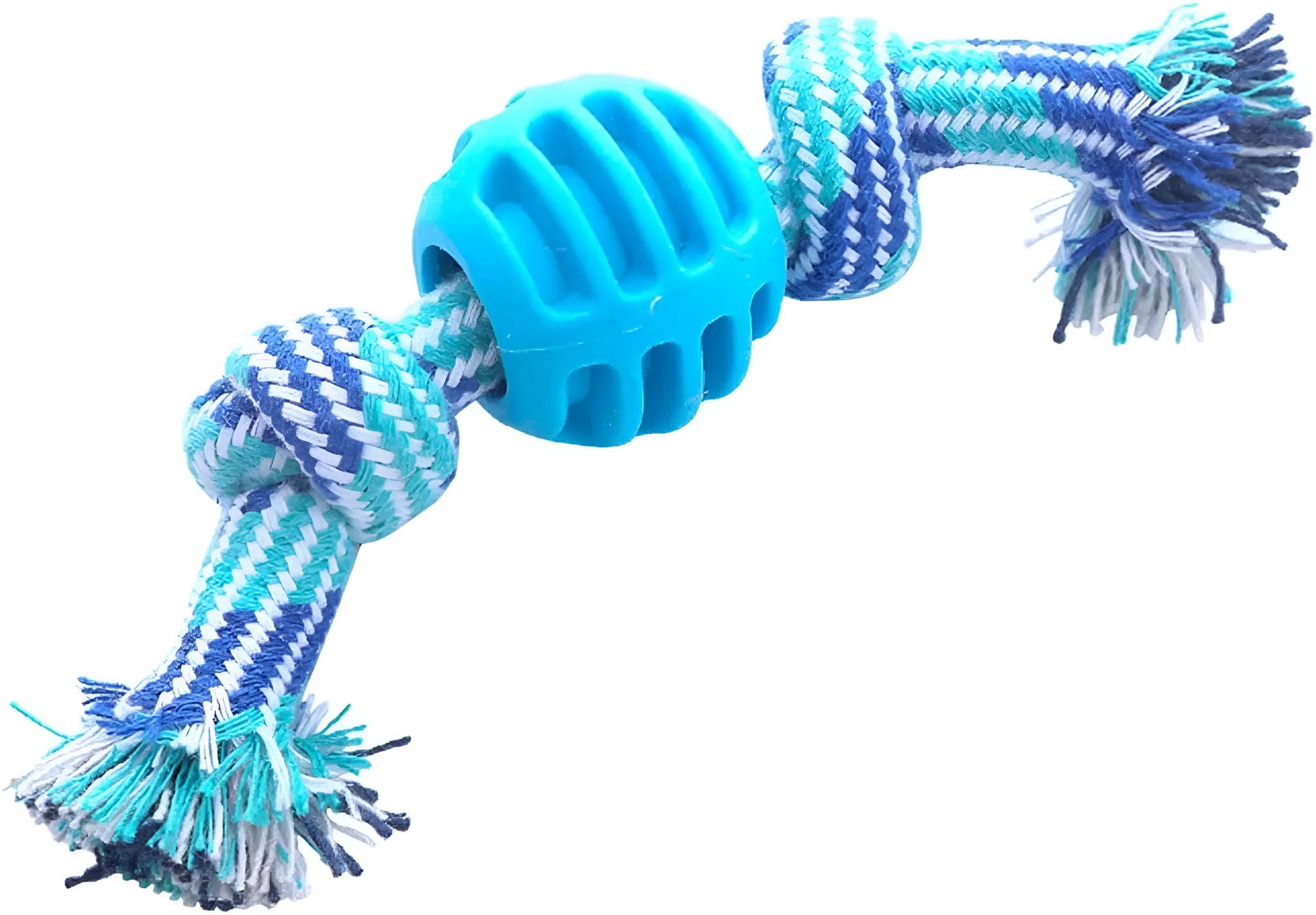 Blue soft dog chew toy with molar-shaped textured head and integrated knotted rope for dental care.