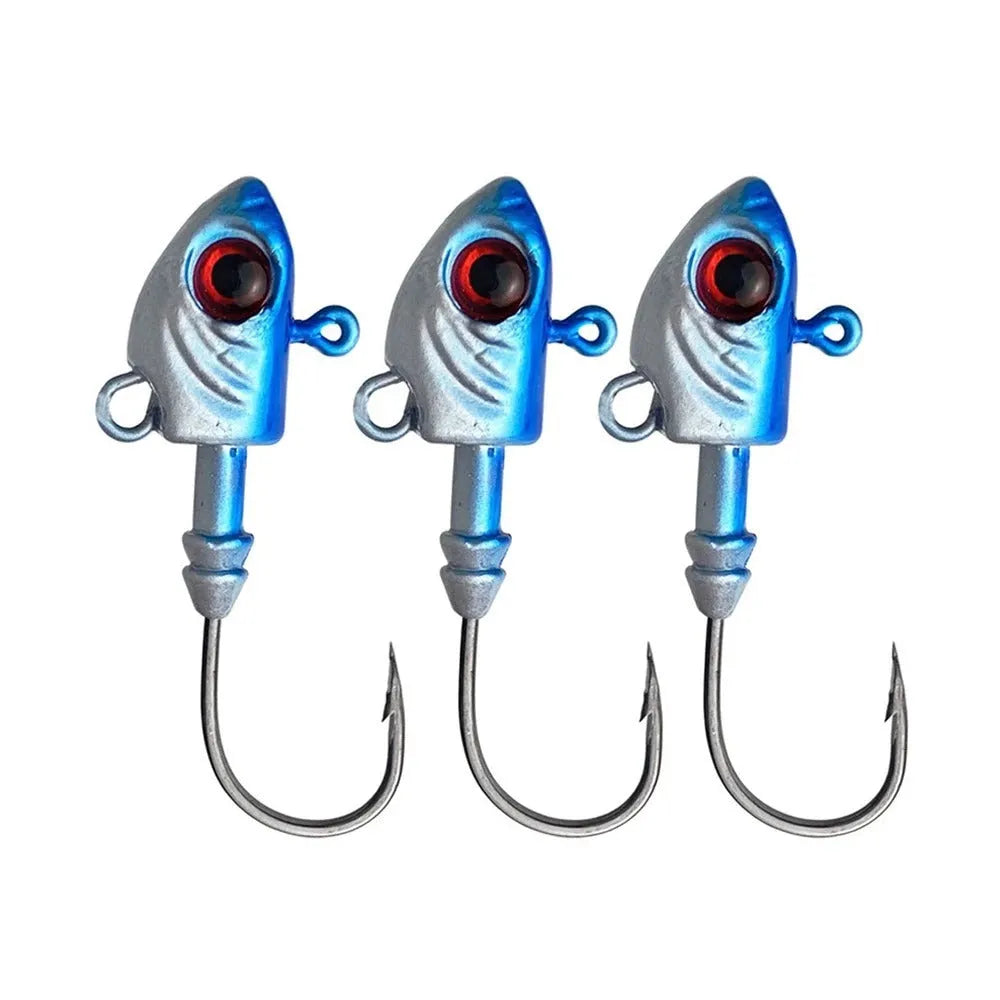 Yayu-shaped lead head fishing hooks in blue, silver, and yellow colours with weight options from 3.5g to 28g