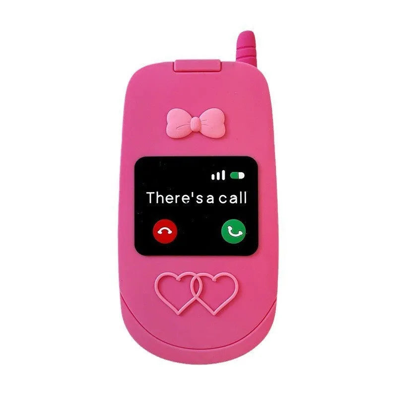 Light pink silicone flip phone case with a built-in mirror, open and showing iPhone model compatibility.
