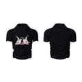 Black men's slim fit short sleeve printed shirt with round neck collar on a mannequin