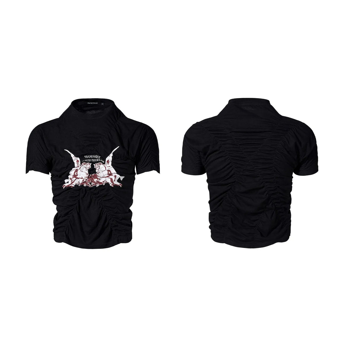 Black men's slim fit short sleeve printed shirt with round neck collar on a mannequin