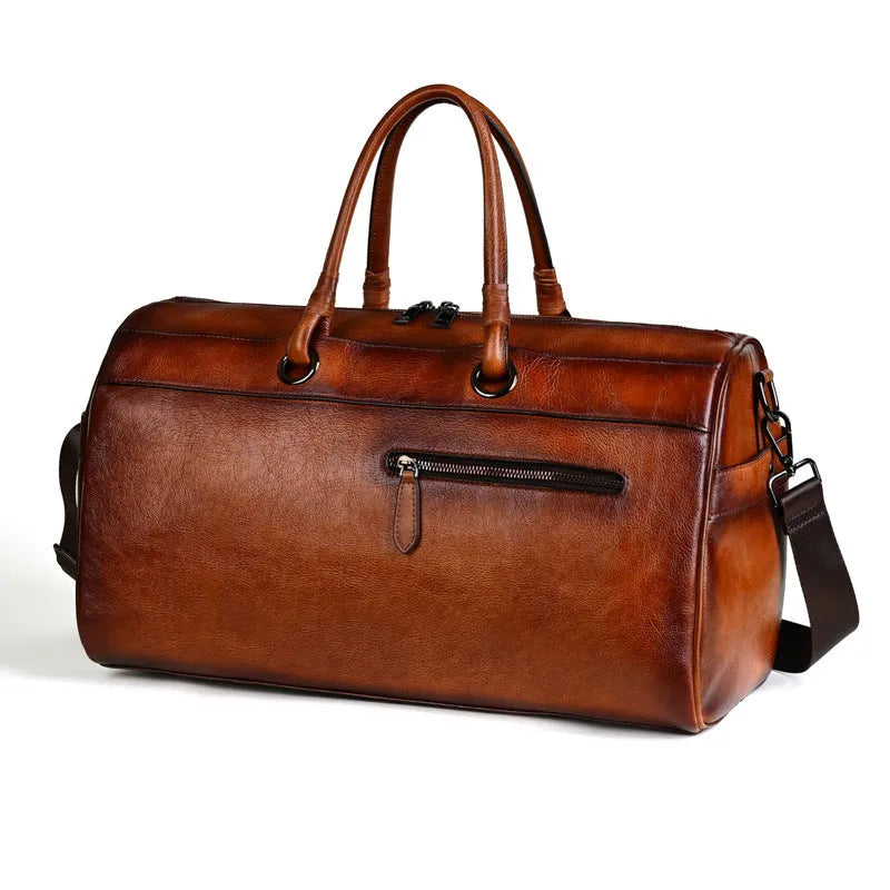 Handmade retro leather bag in vintage brown with first layer cowhide construction and below 20L capacity