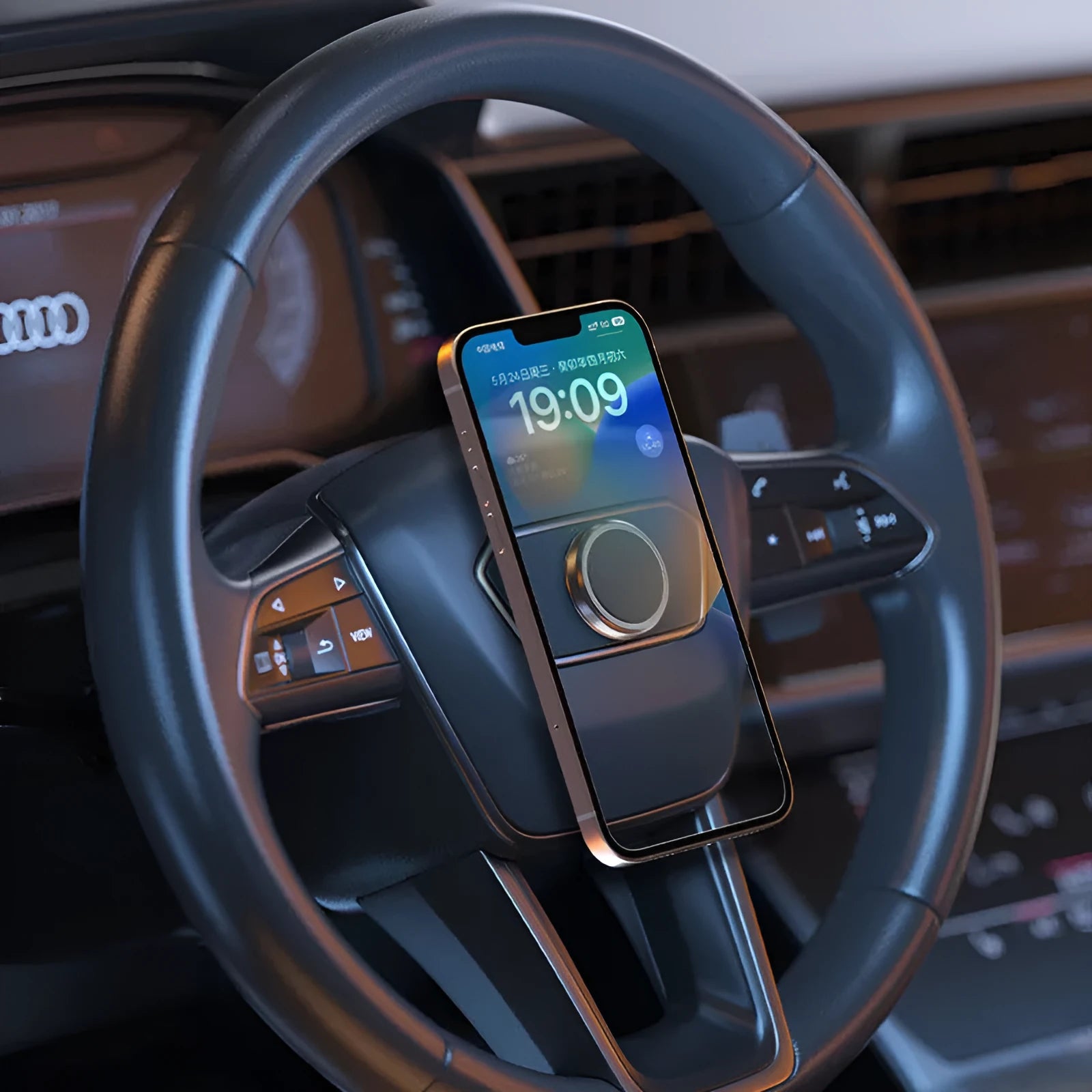 Obsidian black alloy mobile phone holder with magnetic centripetal force design for vehicle dashboard use